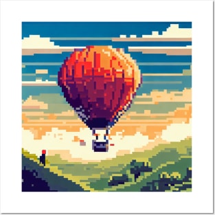 A person taking a hot air balloon ride over the countryside pixel art Posters and Art